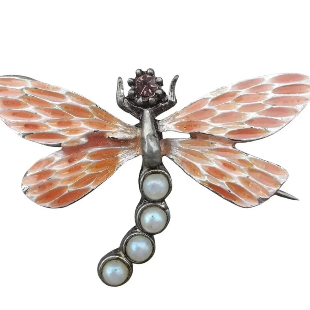 Gerard Yosca Brooch Figural  Vintage Enamel Dragonfly in Silver, Orange + White